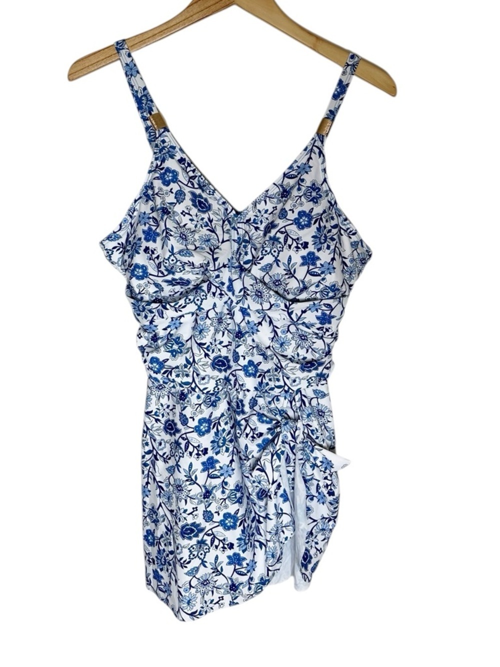Blooming Jelly Blue and White Floral Tie Front One Piece Bathing Suit Size 2X